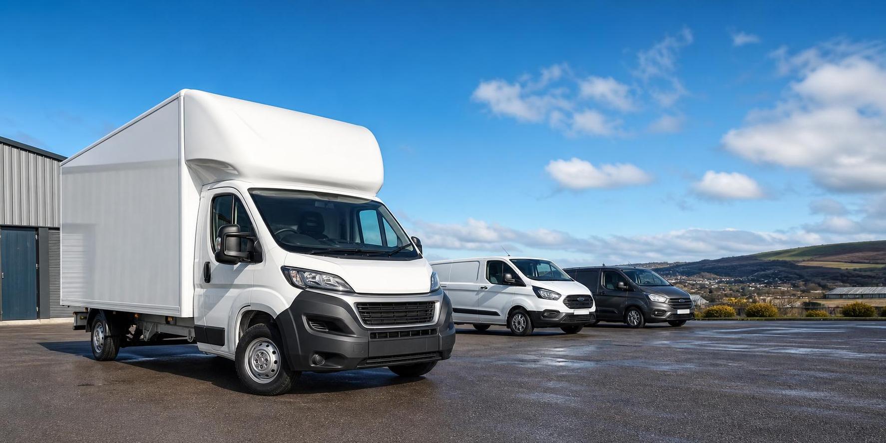 Clean vehicle hire fleet in Bridgend led by a white Luton van with space for website header text