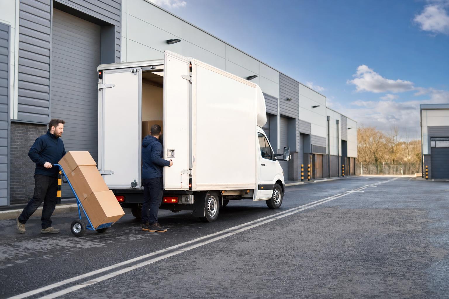Luton van unloading stock at a business park in Pencoed