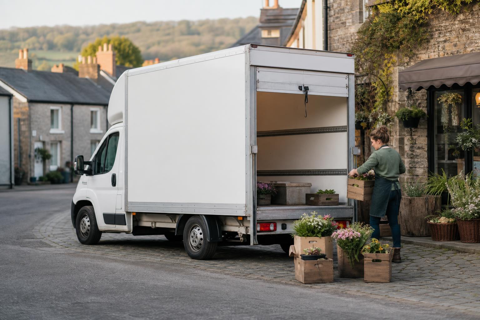 White Luton van prepared for local deliveries on a smart street in Cowbridge