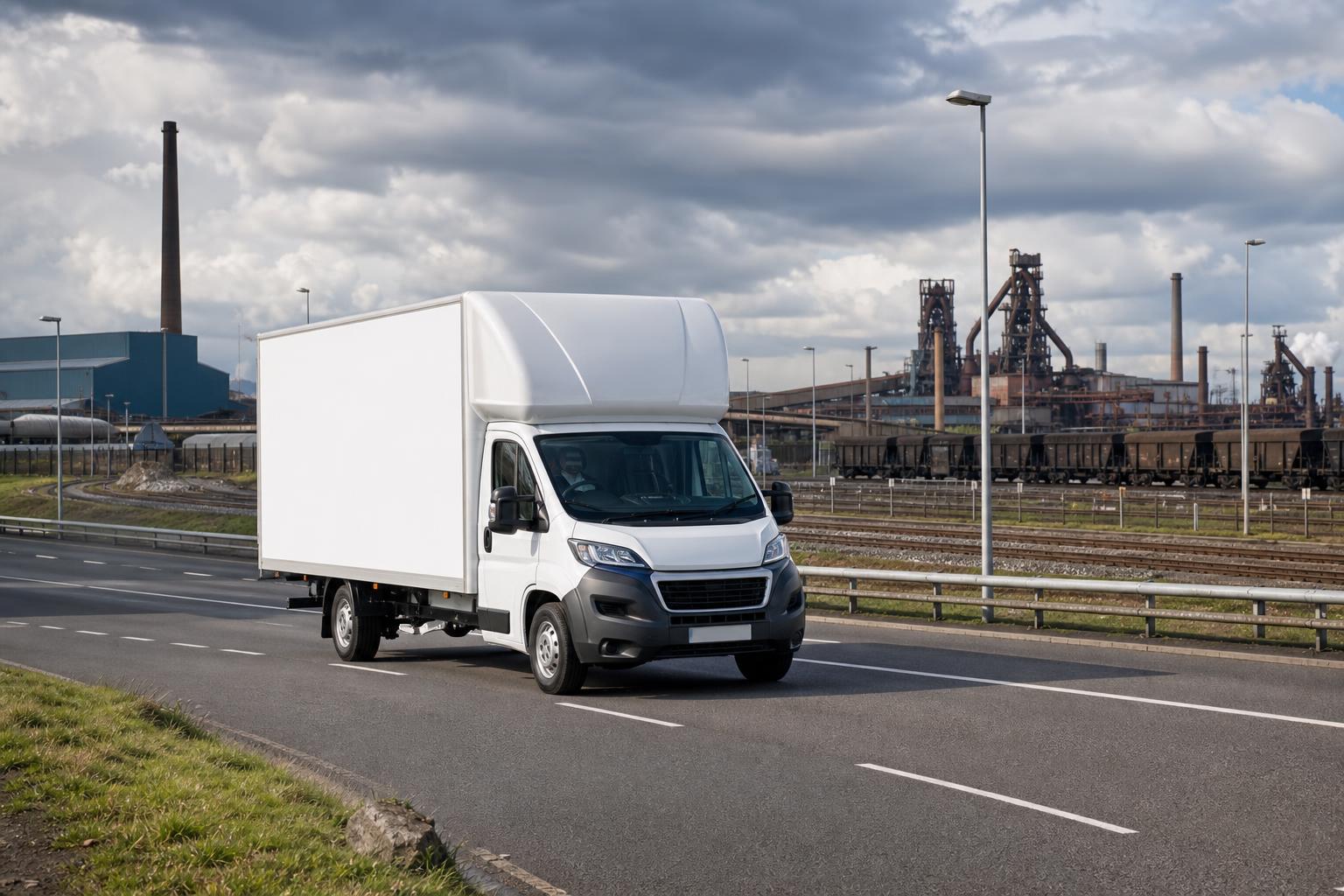 Luton van on an industrial road in Port Talbot with working infrastructure behind